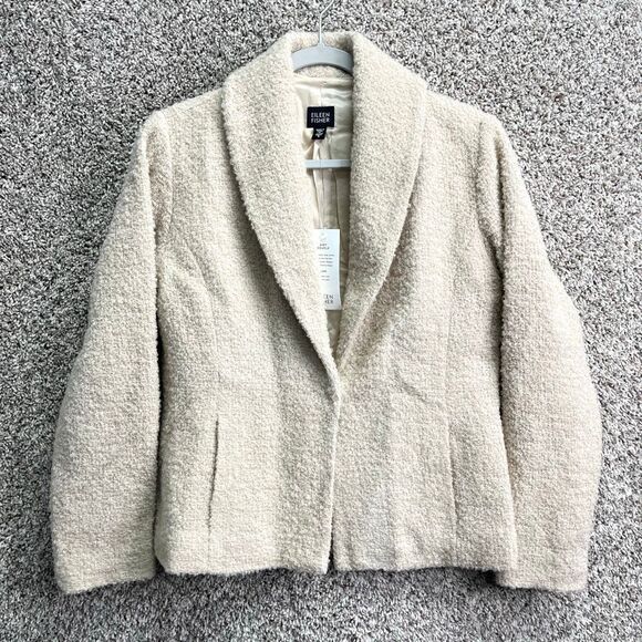 Eileen Fisher Jacket Women’s S Wheat Airy Boucle Italian Wool Shawl Collar Long - Picture 1 of 10